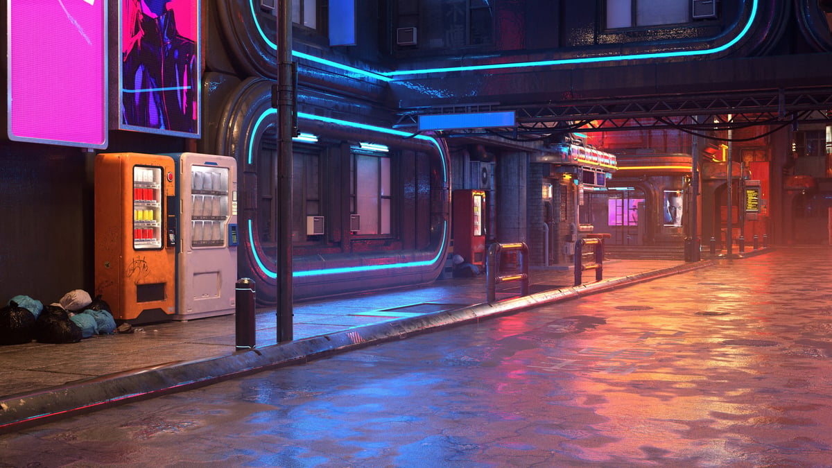 Calle de ciudad futurista cyberpunk de noche